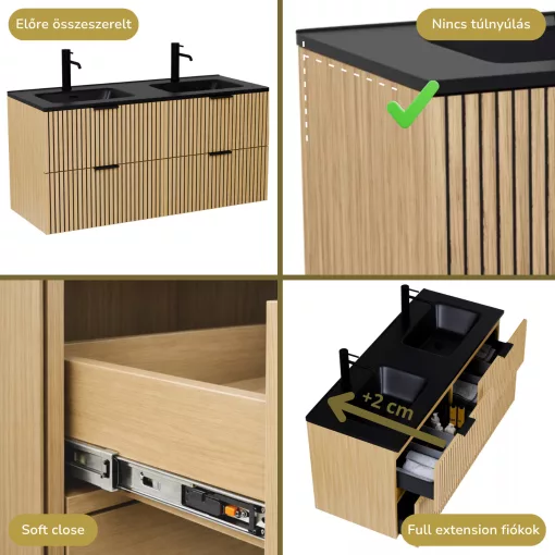 HD Parma Hickory 120 komplett fürdőszoba bútor szett fali mosdószekrénnyel, matt fekete fogantyúkkal, matt fekete slim mosdóval, tükörrel és magasszekrénnyel