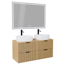 HD Palma Hickory 120 komplett fürdőszoba bútor fali mosdószekrénnyel, hikoridió színű mosdópulttal, matt fekete fogantyúkkal és tükörrel