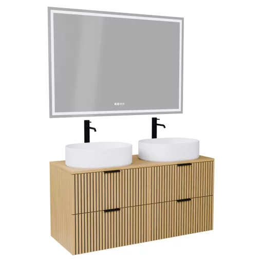 HD Palma Hickory 120 komplett fürdőszoba bútor fali mosdószekrénnyel, hikoridió színű mosdópulttal, matt fekete fogantyúkkal és tükörrel