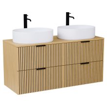 HD Palma Hickory 120 komplett fürdőszoba bútor fali mosdószekrénnyel, hikoridió színű mosdópulttal, matt fekete fogantyúkkal és tükörrel