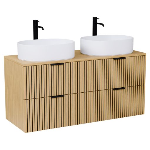 HD Palma Hickory 120 komplett fürdőszoba bútor fali mosdószekrénnyel, hikoridió színű mosdópulttal, matt fekete fogantyúkkal és tükörrel