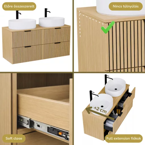 HD Palma Hickory 120 komplett fürdőszoba bútor fali mosdószekrénnyel, hikoridió színű mosdópulttal, matt fekete fogantyúkkal és tükörrel
