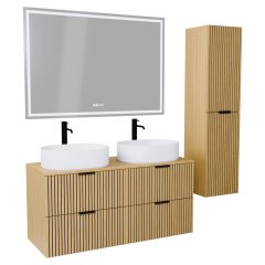   HD Palma Hickory 120 komplett fürdőszoba bútor szett fali mosdószekrénnyel, hikoridió színű mosdópulttal, matt fekete fogantyúkkal, tükörrel és magasszekrénnyel