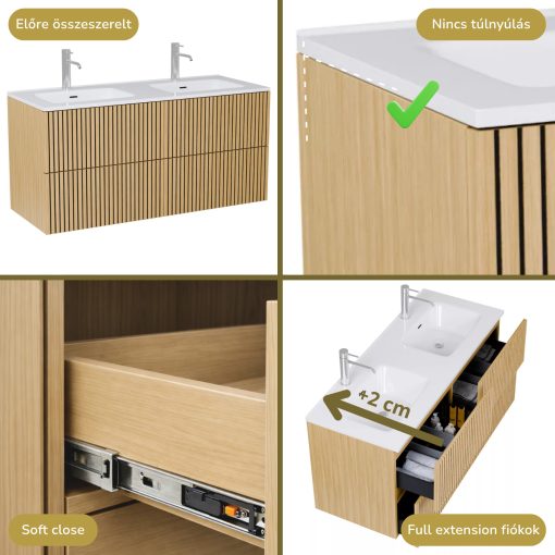 HD Parma Pro Hickory 120 fali mosdószekrény, push-to-open mechanizmussal és fényes fehér slim mosdóval