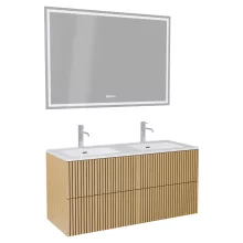 HD Parma Pro Hickory 120 komplett fürdőszoba bútor fali push-to-open mosdószekrénnyel, fényes fehér slim mosdóval és tükörrel