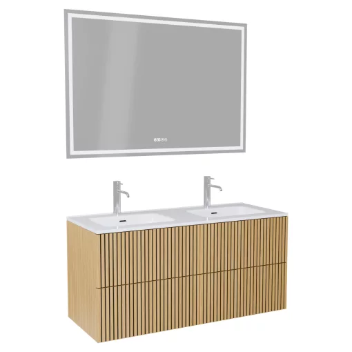 HD Parma Pro Hickory 120 komplett fürdőszoba bútor fali push-to-open mosdószekrénnyel, fényes fehér slim mosdóval és tükörrel