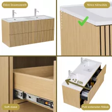 HD Parma Pro Hickory 120 komplett fürdőszoba bútor fali push-to-open mosdószekrénnyel, fényes fehér slim mosdóval és tükörrel