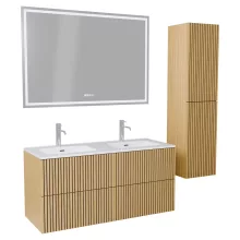 HD Parma Pro Hickory 120 komplett fürdőszoba bútor szett fali push-to-open mosdószekrénnyel, fényes fehér slim mosdóval, tükörrel és magasszekrénnyel