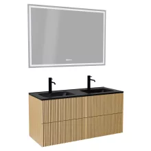 HD Parma Pro Hickory 120 komplett fürdőszoba bútor fali push-to-open mosdószekrénnyel, matt fekete slim mosdóval és tükörrel