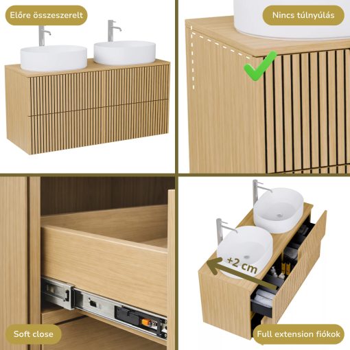 HD Palma Pro Hickory 120 komplett fürdőszoba bútor fali push-to-open mosdószekrénnyel, hikoridió színű mosdópulttal és tükörrel