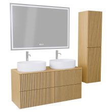 HD Palma Pro Hickory 120 komplett fürdőszoba bútor szett fali push-to-open mosdószekrénnyel, hikoridió színű mosdópulttal, tükörrel és magasszekrénnyel