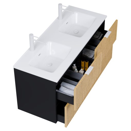 HD Parma Matt Black 120 fali mosdószekrény matt fehér fogantyúkkal és fényes fehér slim mosdóval