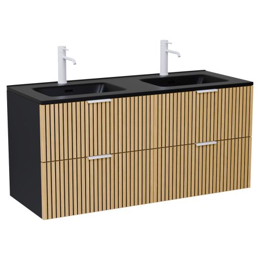 HD Parma Matt Black 120 fali mosdószekrény matt fehér fogantyúkkal és matt fekete slim mosdóval