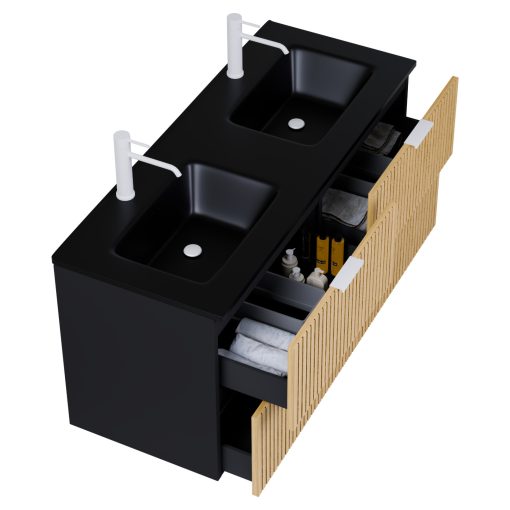 HD Parma Matt Black 120 fali mosdószekrény matt fehér fogantyúkkal és matt fekete slim mosdóval