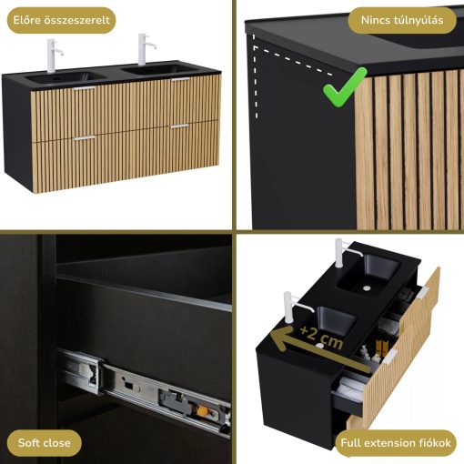 HD Parma Matt Black 120 fali mosdószekrény matt fehér fogantyúkkal és matt fekete slim mosdóval