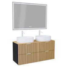 HD Palma Black 120 komplett fürdőszoba bútor fali mosdószekrénnyel, hikoridió színű mosdópulttal, matt fehér fogantyúkkal és tükörrel