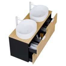 HD Palma Black 120 komplett fürdőszoba bútor fali mosdószekrénnyel, hikoridió színű mosdópulttal, matt fehér fogantyúkkal és tükörrel