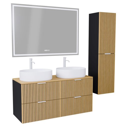 HD Palma Black 120 komplett fürdőszoba bútor szett fali mosdószekrénnyel, hikoridió színű mosdópulttal, matt fehér fogantyúkkal, tükörrel és magasszekrénnyel