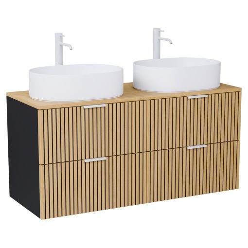 HD Palma Black 120 komplett fürdőszoba bútor szett fali mosdószekrénnyel, hikoridió színű mosdópulttal, matt fehér fogantyúkkal, tükörrel és magasszekrénnyel