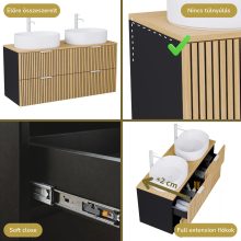 HD Palma Black 120 komplett fürdőszoba bútor szett fali mosdószekrénnyel, hikoridió színű mosdópulttal, matt fehér fogantyúkkal, tükörrel és magasszekrénnyel