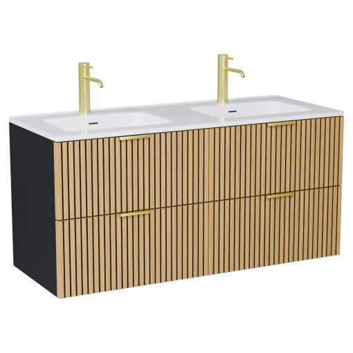 HD Parma Matt Black 120 fali mosdószekrény szálcsiszolt arany fogantyúkkal és fényes fehér slim mosdóval