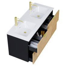 HD Parma Matt Black 120 fali mosdószekrény szálcsiszolt arany fogantyúkkal és fényes fehér slim mosdóval