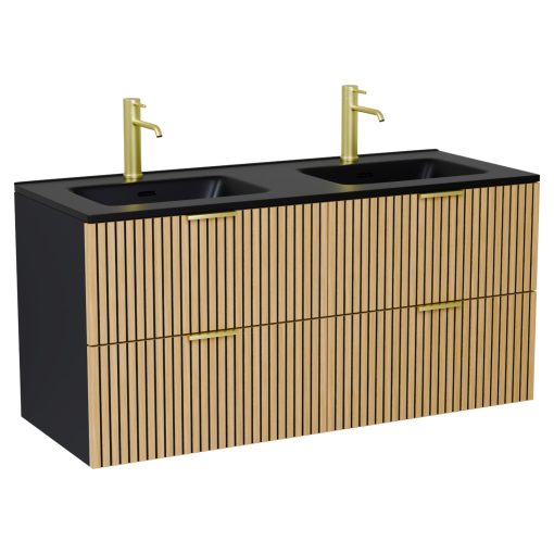 HD Parma Matt Black 120 fali mosdószekrény szálcsiszolt arany fogantyúkkal és matt fekete slim mosdóval