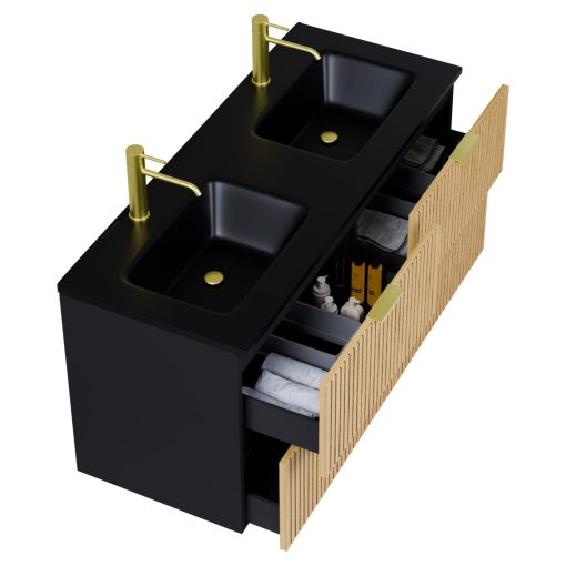 HD Parma Matt Black 120 fali mosdószekrény szálcsiszolt arany fogantyúkkal és matt fekete slim mosdóval