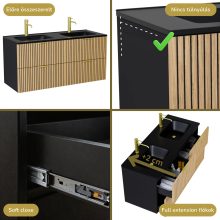 HD Parma Matt Black 120 fali mosdószekrény szálcsiszolt arany fogantyúkkal és matt fekete slim mosdóval