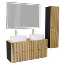 HD Palma Black 120 komplett fürdőszoba bútor szett fali mosdószekrénnyel, hikoridió színű mosdópulttal, szálcsiszolt arany fogantyúkkal, tükörrel és magasszekrénnyel