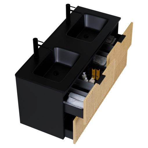 HD Parma Matt Black 120 fali mosdószekrény matt fekete fogantyúkkal és matt fekete slim mosdóval