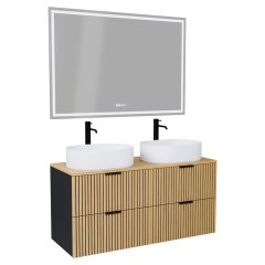   HD Palma Black 120 komplett fürdőszoba bútor fali mosdószekrénnyel, hikoridió színű mosdópulttal, matt fekete fogantyúkkal és tükörrel