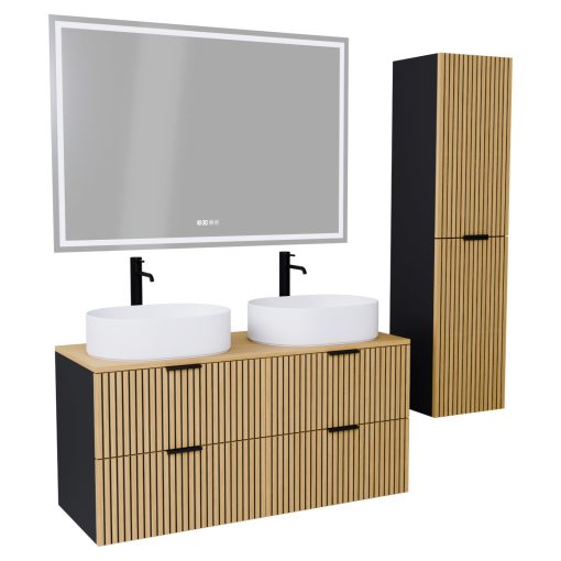 HD Palma Black 120 komplett fürdőszoba bútor szett fali mosdószekrénnyel, hikoridió színű mosdópulttal, matt fekete fogantyúkkal, tükörrel és magasszekrénnyel