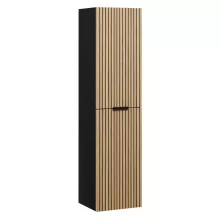 HD Palma Black 120 komplett fürdőszoba bútor szett fali mosdószekrénnyel, hikoridió színű mosdópulttal, matt fekete fogantyúkkal, tükörrel és magasszekrénnyel