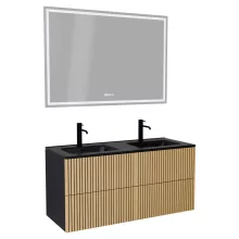 HD Parma Pro Matt Black 120 komplett fürdőszoba bútor fali push-to-open mosdószekrénnyel, matt fekete slim mosdóval és tükörrel