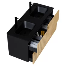 HD Parma Pro Matt Black 120 komplett fürdőszoba bútor szett fali push-to-open mosdószekrénnyel, matt fekete slim mosdóval, tükörrel és magasszekrénnyel