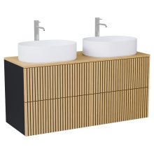 HD Palma Pro Black 120 komplett fürdőszoba bútor fali push-to-open mosdószekrénnyel, hikoridió színű mosdópulttal és tükörrel