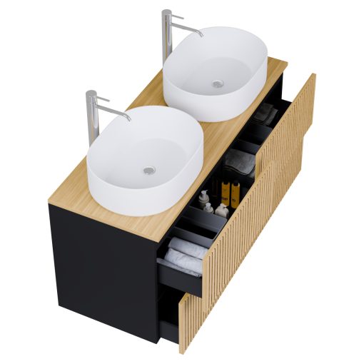 HD Palma Pro Black 120 komplett fürdőszoba bútor fali push-to-open mosdószekrénnyel, hikoridió színű mosdópulttal és tükörrel