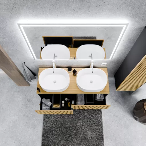 HD Palma Pro Black 120 komplett fürdőszoba bútor fali push-to-open mosdószekrénnyel, hikoridió színű mosdópulttal és tükörrel