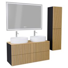 HD Palma Pro Black 120 komplett fürdőszoba bútor szett fali push-to-open mosdószekrénnyel, hikoridió színű mosdópulttal, tükörrel és magasszekrénnyel