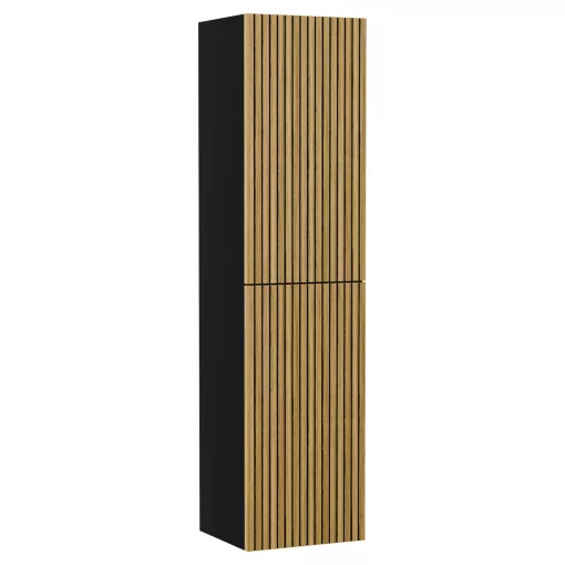 HD Palma Pro Black 120 komplett fürdőszoba bútor szett fali push-to-open mosdószekrénnyel, hikoridió színű mosdópulttal, tükörrel és magasszekrénnyel
