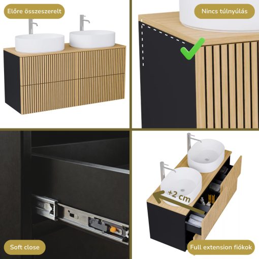 HD Palma Pro Black 120 komplett fürdőszoba bútor szett fali push-to-open mosdószekrénnyel, hikoridió színű mosdópulttal, tükörrel és magasszekrénnyel