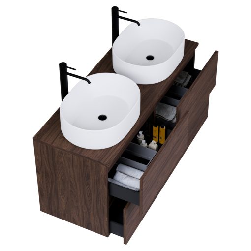 HD Zyra Pro Matt Hazel 120 komplett fürdőszoba bútor fali push-to-open mosdószekrénnyel, mogyoró színű mosdópulttal és tükörrel