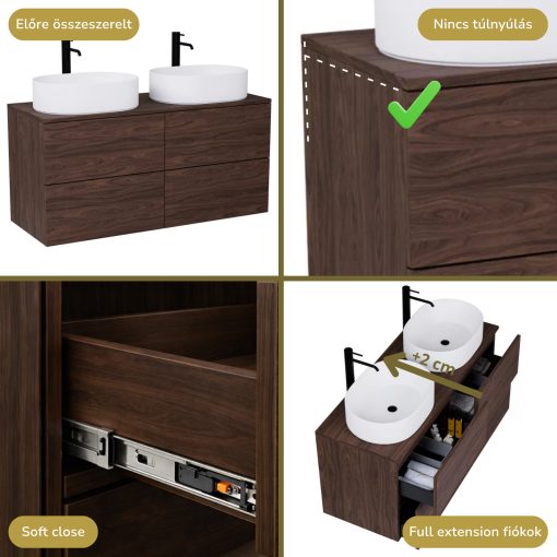 HD Zyra Pro Matt Hazel 120 komplett fürdőszoba bútor fali push-to-open mosdószekrénnyel, mogyoró színű mosdópulttal és tükörrel