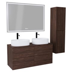   HD Zyra Pro Matt Hazel 120 komplett fürdőszoba bútor szett fali push-to-open mosdószekrénnyel, mogyoró színű mosdópulttal, tükörrel és magasszekrénnyel