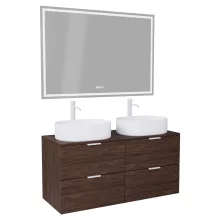 HD Salerno Matt Hazel 120 komplett fürdőszoba bútor fali mosdószekrénnyel, matt fehér fogantyúkkal, mogyoró színű mosdópulttal és tükörrel