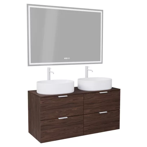 HD Salerno Matt Hazel 120 komplett fürdőszoba bútor fali mosdószekrénnyel, matt fehér fogantyúkkal, mogyoró színű mosdópulttal és tükörrel