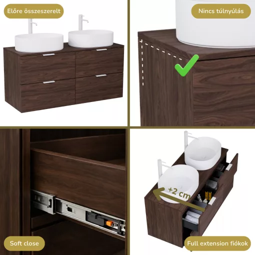 HD Salerno Matt Hazel 120 komplett fürdőszoba bútor fali mosdószekrénnyel, matt fehér fogantyúkkal, mogyoró színű mosdópulttal és tükörrel