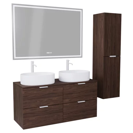 HD Salerno Matt Hazel 120 komplett fürdőszoba bútor szett fali mosdószekrénnyel, matt fehér fogantyúval, mogyoró színű mosdópulttal, tükörrel és magasszekrénnyel
