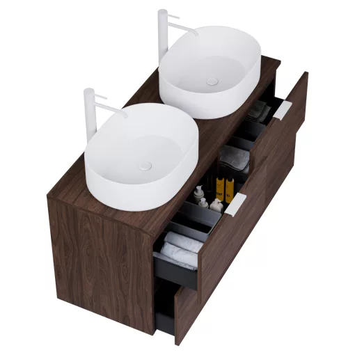 HD Salerno Matt Hazel 120 komplett fürdőszoba bútor szett fali mosdószekrénnyel, matt fehér fogantyúval, mogyoró színű mosdópulttal, tükörrel és magasszekrénnyel